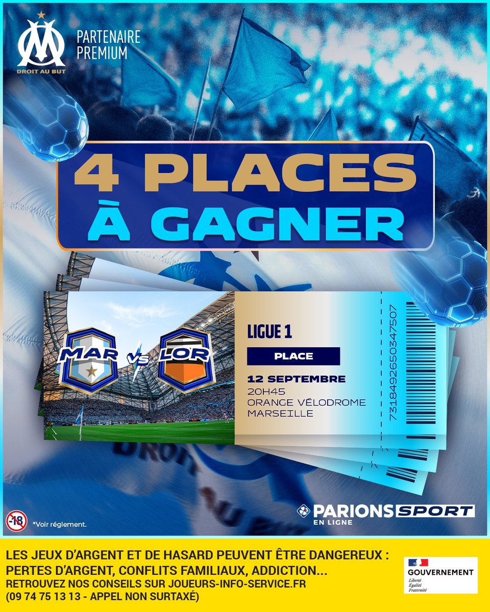 ParionsSport en Ligne 🔞 (@parionssport) on Twitter photo 🚀 DIRECTION LE VÉLODROME !
On t’offre 2x2 places pour <a href="/OM_Officiel/">Olympique de Marseille</a>-Lorient, à toi de jouer !
Pour tenter ta chance :
1️⃣ RT + Follow
2️⃣ Réponds avec #OMxParionsSport
📆 TAS le 11/09
📄 Règlement : bit.ly/45Ljuky
🔞 Jeu réservé aux majeurs 🚀 DIRECTION LE VÉLODROME !
On t’offre 2x2 places pour <a href="/OM_Officiel/">Olympique de Marseille</a>-Lorient, à toi de jouer !
Pour tenter ta chance :
1️⃣ RT + Follow
2️⃣ Réponds avec #OMxParionsSport
📆 TAS le 11/09
📄 Règlement : bit.ly/45Ljuky
🔞 Jeu réservé aux majeurs
