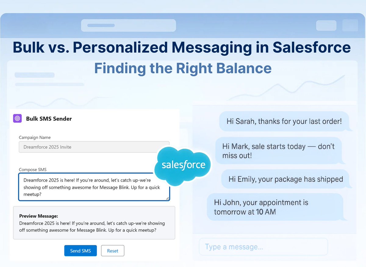 messageblinkk's tweet image. Bulk SMS for speed. Personalized SMS for impact. Message Blink helps Salesforce users strike the perfect balance to engage customers at scale—without losing the personal touch. ✨ #SalesforceSMS #MessageBlink #BulkMessaging
messageblink.com/salesforce-wha…