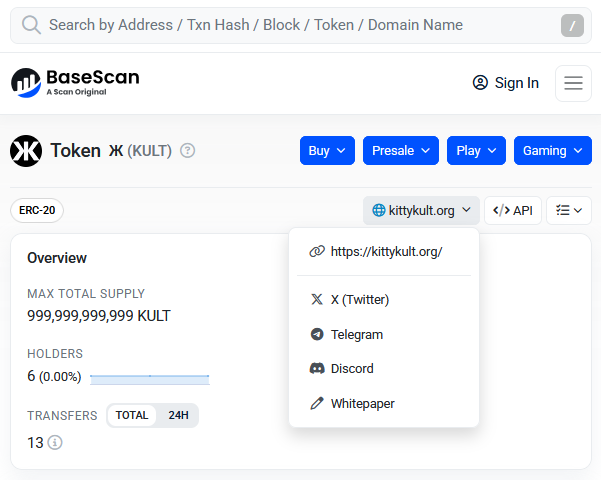The_Kitty_Kult's tweet photo. Our enhanced token information — logo, website, whitepaper, social links — is now live on BaseScan! 🕺 https://t.co/OhyIfkkf70