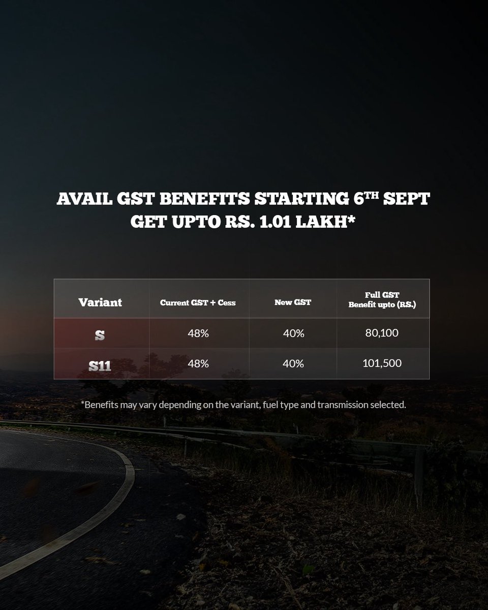 MahindraScorpio's tweet image. Your dream Mahindra Scorpio Classic comes with full GST benefits starting 6th Sept. 
Enjoy savings up to ₹1.01 Lakh*. Why wait when you can drive it home today?