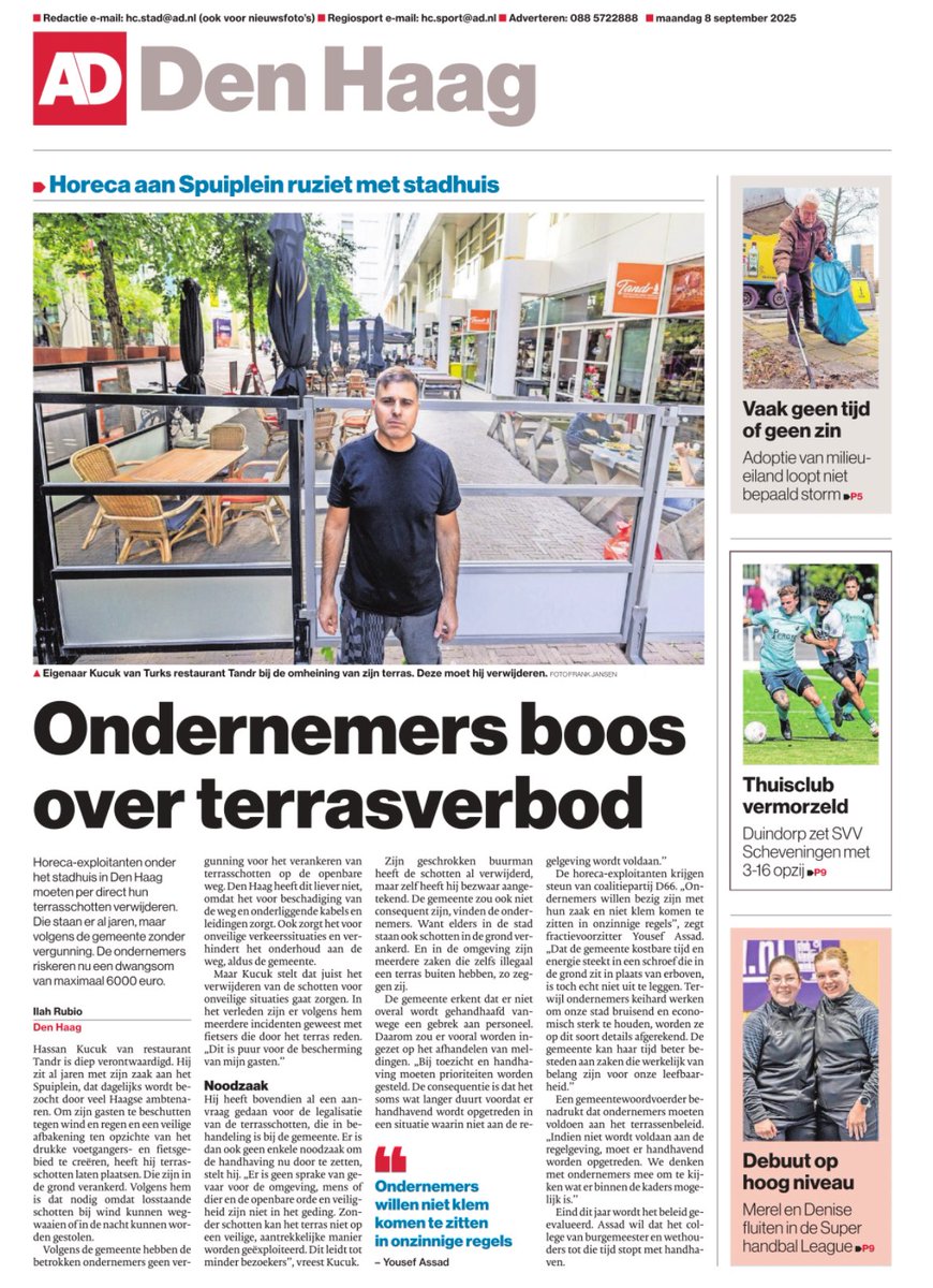 Afgelopen week sprak ik een Haagse ondernemer die vastliep in onuitvoerbaare regels. 

Terwijl hij gewoon met zijn zaak bezig wil zijn. Regels missen zo hun doel. 

Ik roep wethouders <a href="/RNBarker/">Robert Barker</a> en <a href="/IcarNur/">Nur Icar</a> de handhaving te stoppen en samen met ondernemers te kijken wat wel werkt!