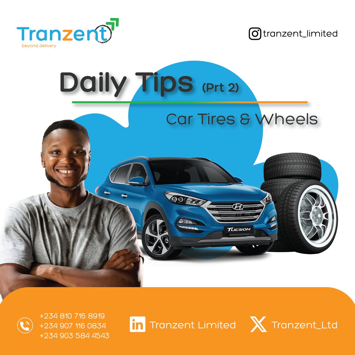 Tranzent_Ltd's tweet photo. New week, new tip 🚗✨
Daily Tips (Part 2) – Wheels &amp; Tires:
✅ Proper alignment = longer tire life
✅ Balanced wheels = smoother rides
At Tranzent, we keep you moving safe &amp; smart. 💙🧡
#TranzentTips #CarCare #BeyondDelivery https://t.co/qJcX3XeOHI