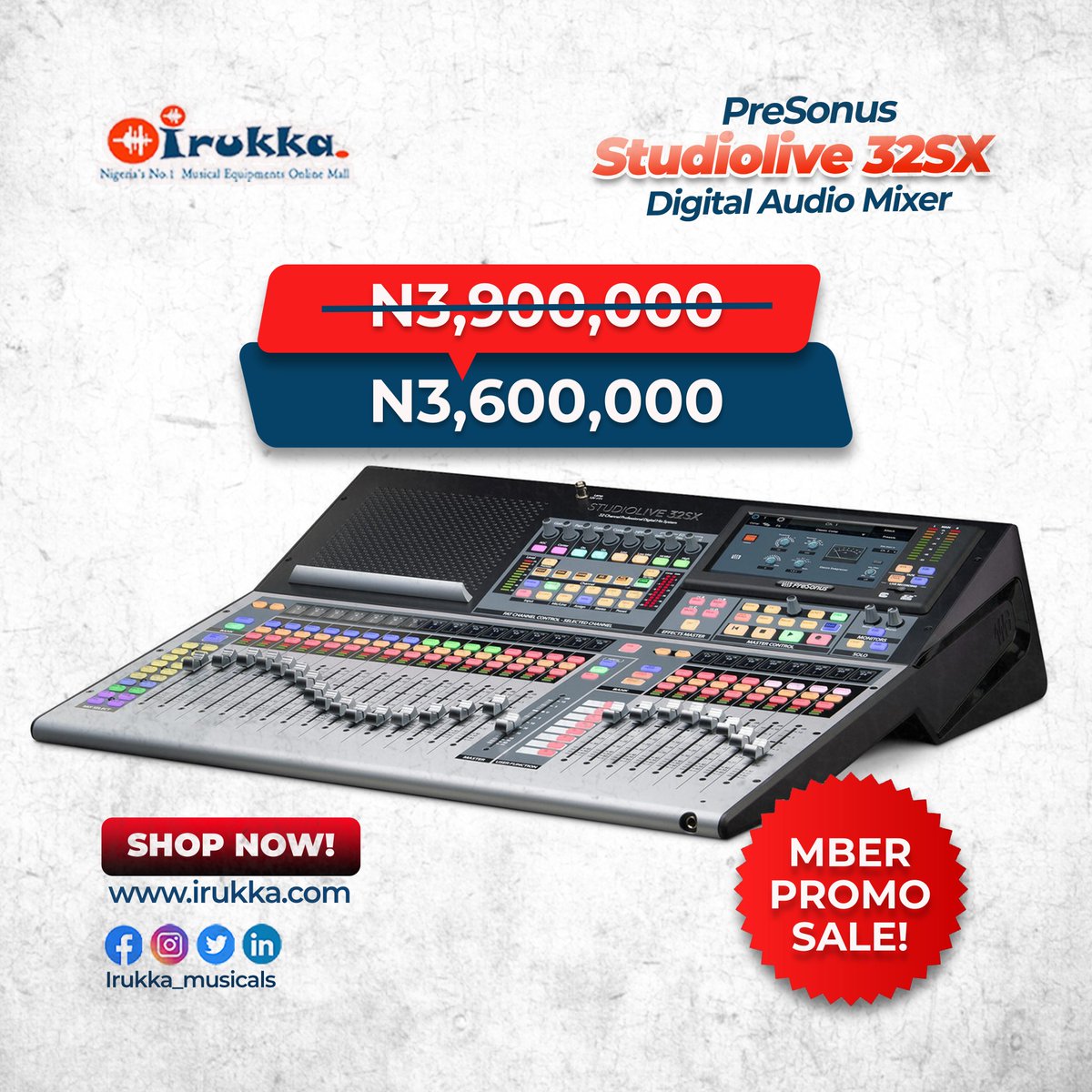irukka_musicals's tweet photo. 🎚️🔥MBER PROMO! 🔥🎚️

PreSonus StudioLive 32SX Digital Mixer
💰 ₦3,900,000 → ₦3,600,000 🎉

✅ 32-channel powerhouse
✅ Motorized faders
✅ Studio One integration

Shop now👉 https://t.co/YCHZVUDuTL

#NeverSettleForLess #DigitalMixer #Sound #PreSonus #StudioLive32SX #MBERPromo https://t.co/iL3PsGIKyY