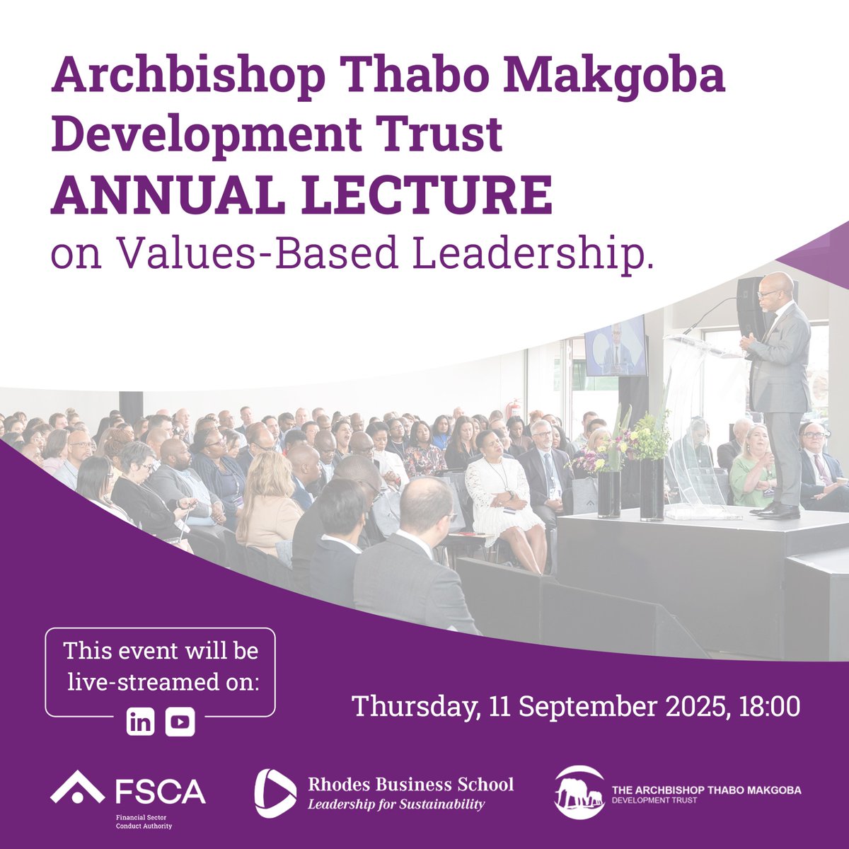 fscasouthafrica's tweet image. The 11th Annual @ArchTrust Lecture is coming soon. FSCA Commissioner Unathi Kamlana, a distinguished alumni recipient of @RhodesUni, will be the keynote speaker, exploring the importance of values-based leadership.

Date: 11 September 2025

#FSCATalks #ValuesBasedLeadership