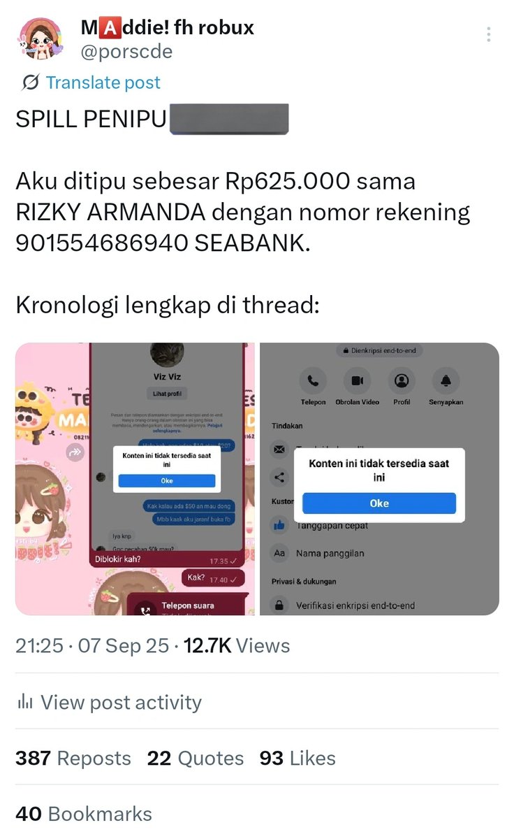 [REUPLOAD]

PENIPU/RIPPER ROBUX.

NAMA : RIZKY ARMANDA
NO REK : 901554686940 an Rizky Armanda (SEABANK).
Nomor WA : +62 821-6494-1471 +6282164941471
Nomor yang dipinned kaka tutorku di wa nya: 081263003517

#zonauang #zonajajan #zonabu #zonaba