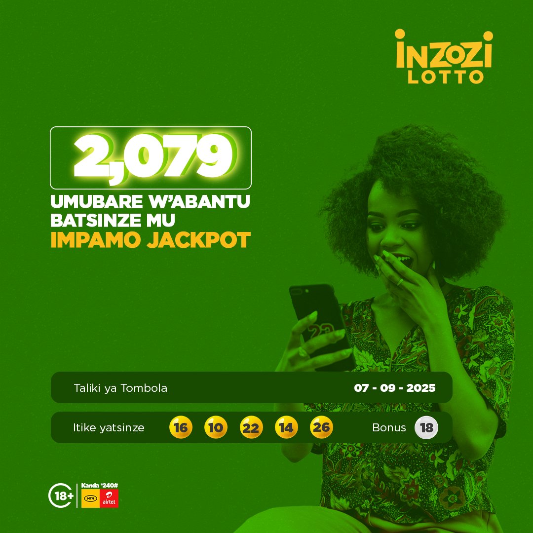 Abantu 2,079 batsinze mu IMPAMO JACKPOT yo ku wa 07/09/2025! 🎉

Iki cyumweru nawe waba umunyamahirwe utsindiye akayabo! Kanda *240# ukine nonaha!

#TsindaDutsinde #InzoziLotto