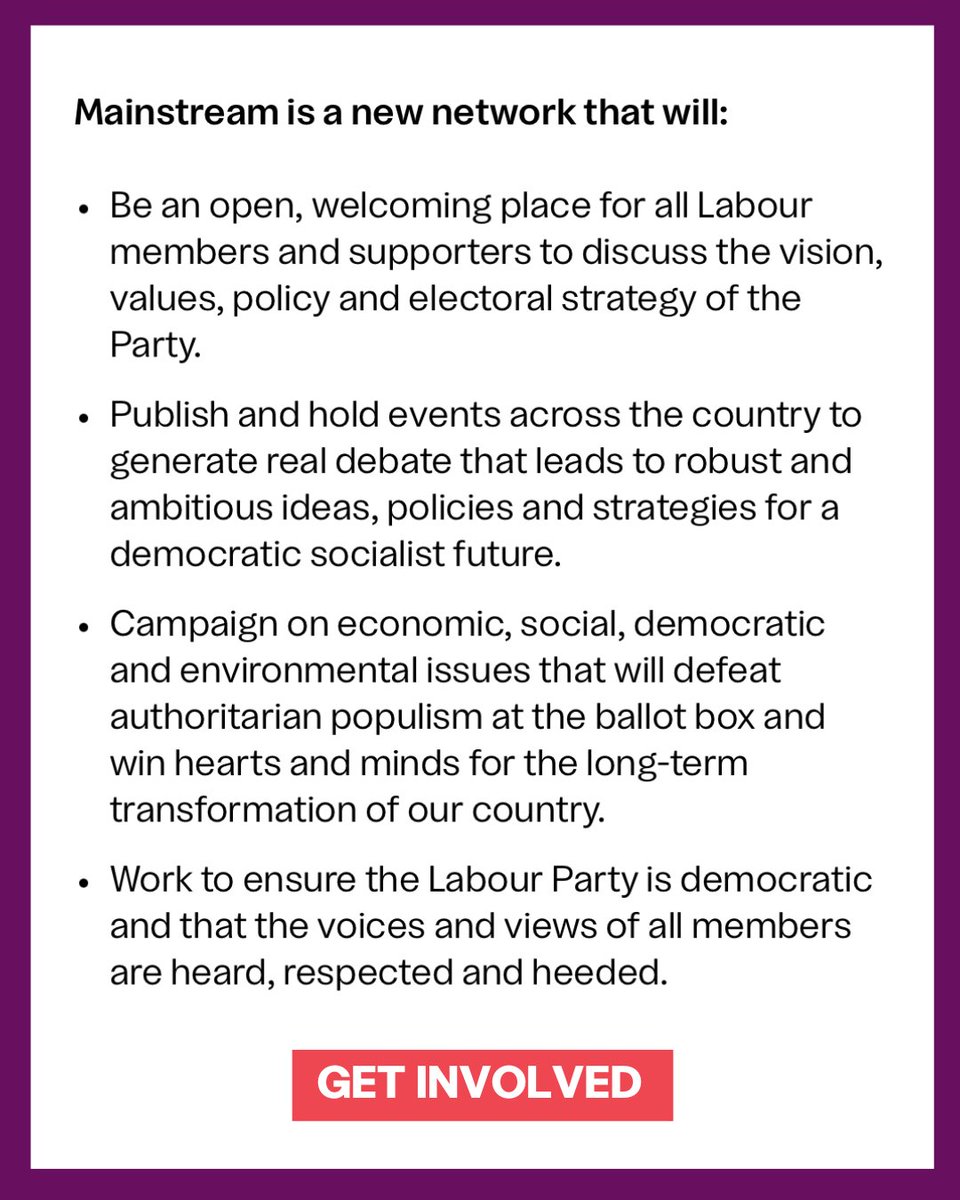 To win in 2029, Labour needs a popular, principled and practical left vision of change.

That’s what Mainstream is here to create.

Join us to build and champion it: mainstreamlabour.org/get-involved