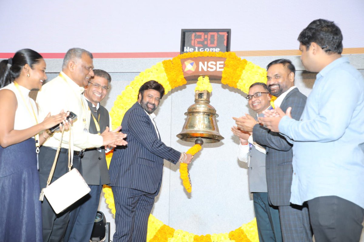 Milagro Movies (@milagromovies) on Twitter photo Another historic milestone for Natasimham #NandamuriBalakrishna Garu ❤️🔥
In a rare gesture of honor, NSE officials requested #NBK to ring the ceremonial bell during his visit to NSE Mumbai 🔔
First South Indian Actor to ring the NSE bell 👏🏼
<a href="/NSEIndia/">NSE India</a> <a href="/basavatarakam/">Basavatarakam Indo American Cancer Hospital</a> Another historic milestone for Natasimham #NandamuriBalakrishna Garu ❤️🔥
In a rare gesture of honor, NSE officials requested #NBK to ring the ceremonial bell during his visit to NSE Mumbai 🔔
First South Indian Actor to ring the NSE bell 👏🏼
<a href="/NSEIndia/">NSE India</a> <a href="/basavatarakam/">Basavatarakam Indo American Cancer Hospital</a>