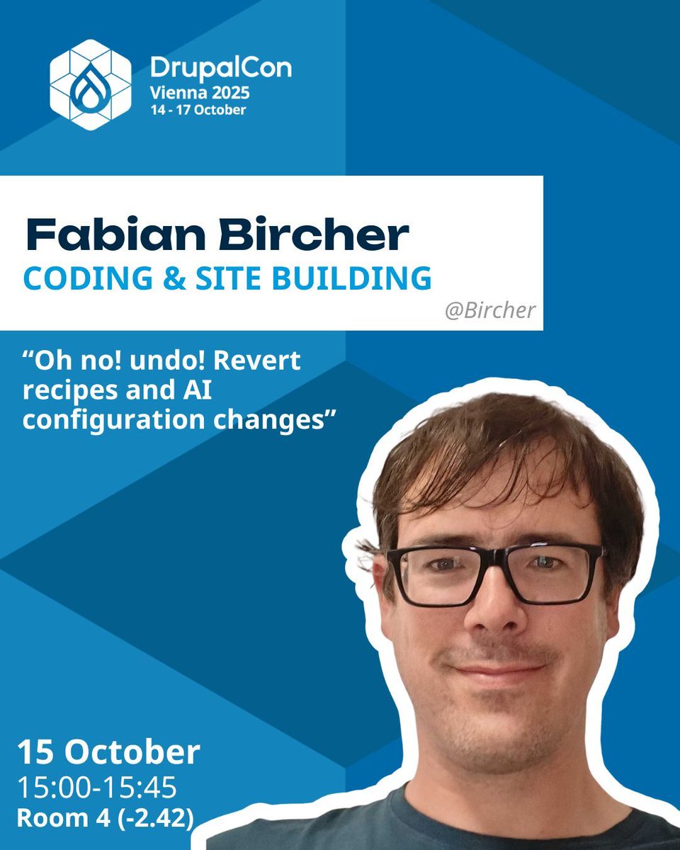 DrupalConEur's tweet image. Fabian Bircher will take the stage at #DrupalConVienna 2025 on 15 October as a featured speaker in the Coding & Site Building track with the session “Oh no! undo! Revert recipes and AI configuration changes”.
👉buff.ly/TPU3oek 
#DrupalConEur #DrupalCMS #DrupalAI