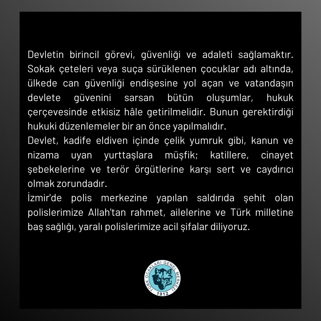 Devletin birincil görevi, güvenliği ve adaleti sağlamaktır. Sokak çeteleri veya suça sürüklenen çocuklar adı altında, ülkede can güvenliği endişesine yol açan ve vatandaşın devlete güvenini sarsan bütün oluşumlar, hukuk çerçevesinde etkisiz hâle getirilmelidir. Bunun gerektirdiği