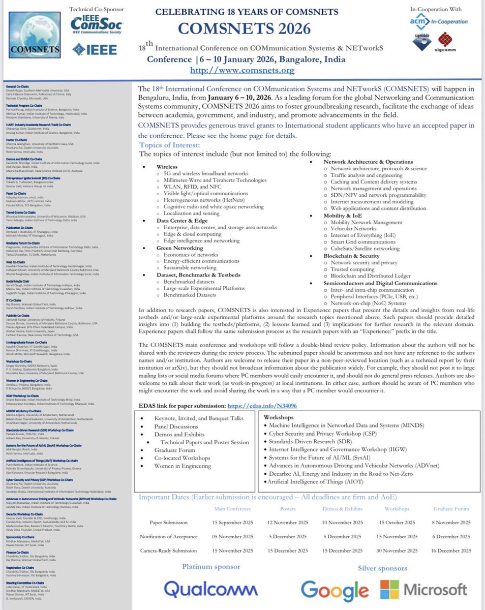 ⏰ Tick, tick, tick… the deadline is almost here! ⏰

The 18th International Conference on COMmunication Systems &amp; NETworkS (COMSNETS 2026) is calling for your best work.

 📍 Bengaluru, India | 6–10 January 2026
📌 Final Call for Full Paper Submission: 15 September 2025 (AoE)