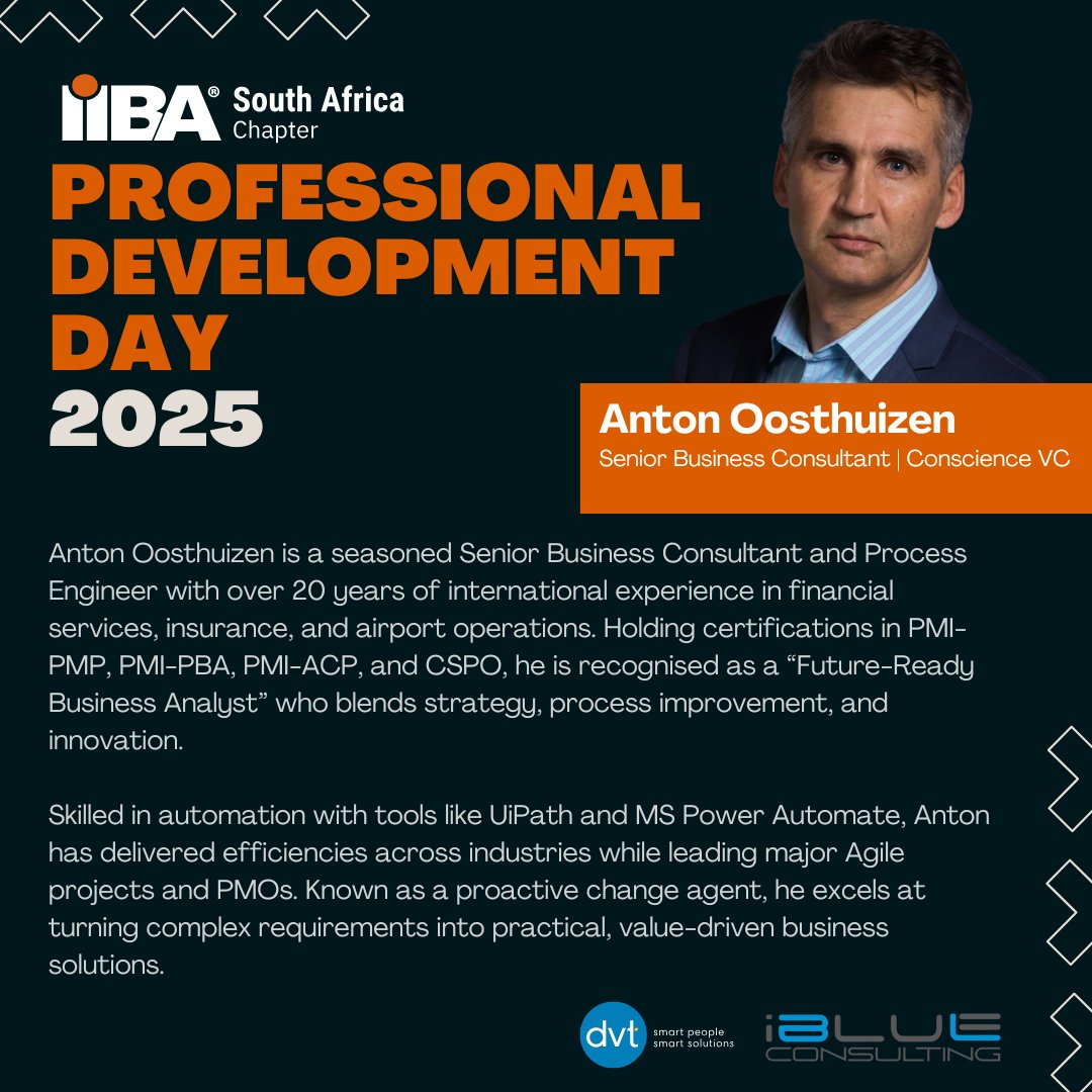 🚨 FINAL SPEAKER REVEAL 🚨
The #PDD2025 line-up is complete! 🎤 Meet Andrea Naidoo, Andriette Bergakker &amp; Anton Oosthuizen.
Don’t miss this powerhouse event 🚀
👉 Register now: southafrica.iiba.org/events/iiba-sa…
#IIBA #BusinessAnalysis