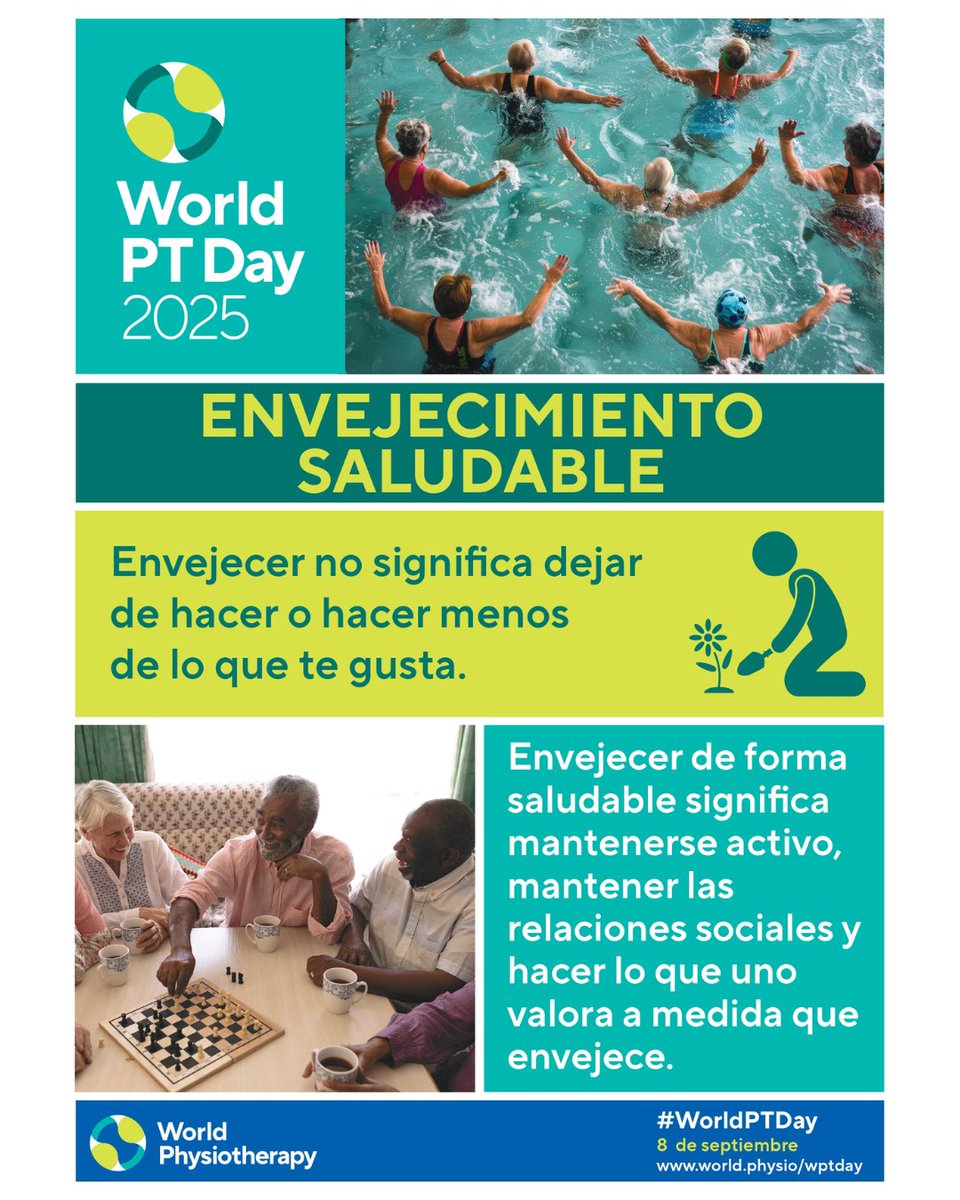 Colfisio's tweet photo. Este año con motivo de la celebración del Día de la Fisioterapia nos sumamos la mensaje de la organización internacional World Physiotherapy para poner en valor el envejecimiento activo y saludable

@Colfisio @WorldPhysio1951 
#DíaMundialDeLaFisioterapia #WorldPTDay https://t.co/CdvQrgi2Q4