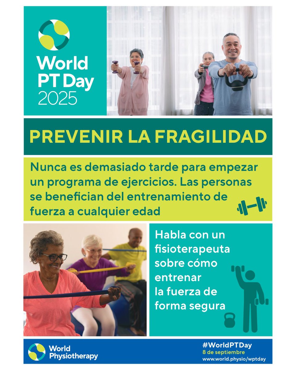 Colfisio's tweet photo. Este año con motivo de la celebración del Día de la Fisioterapia nos sumamos la mensaje de la organización internacional World Physiotherapy para poner en valor el envejecimiento activo y saludable

@Colfisio @WorldPhysio1951 
#DíaMundialDeLaFisioterapia #WorldPTDay https://t.co/CdvQrgi2Q4