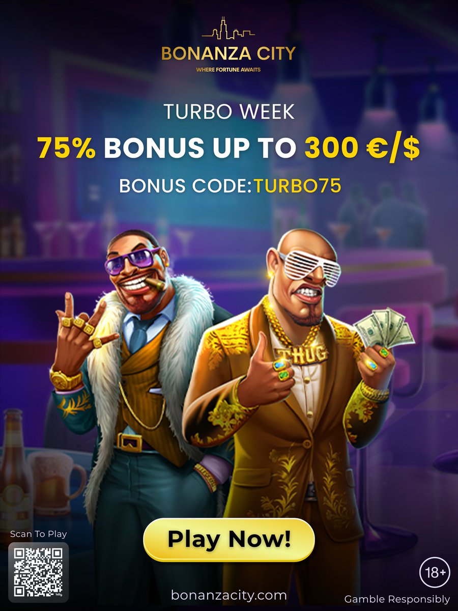 bonanza_city's tweet image. ⚡ TURBO WEEK is here at Bonanza City! ⚡
Rev up your play with a 75% Bonus up to €/$300 🚀💰
Code: TURBO75

Don’t slow down—boost your wins today! 🎰
👉 bonanzacity.com

🔞 18+ | Gamble responsibly

#BonanzaCity #TurboWeek #CasinoBonus