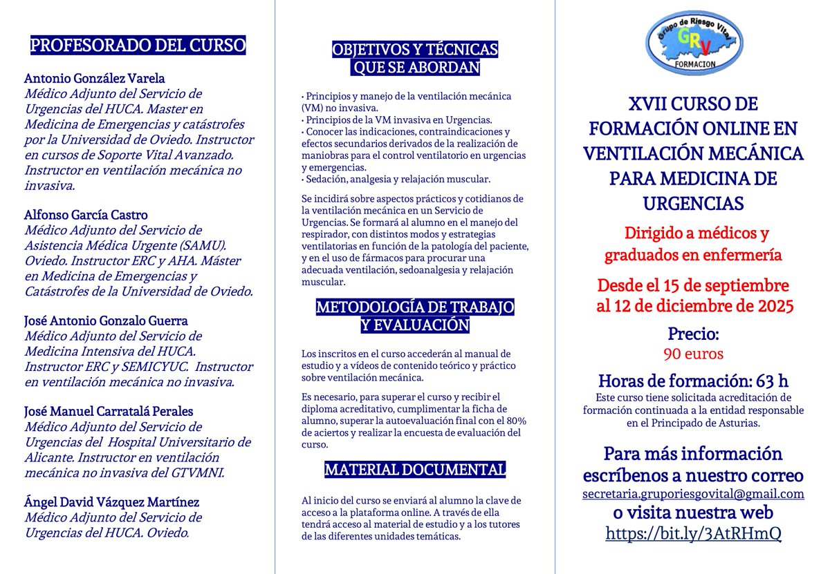 grvformacion's tweet photo. Continúa abierta la inscripción para nuestro curso de ventilación mecánica online, que comienza el 15 de septiembre. Info e inscripciones en secretaria.gruporiesgovital@gmail.com. https://t.co/ASHFt0mwSZ