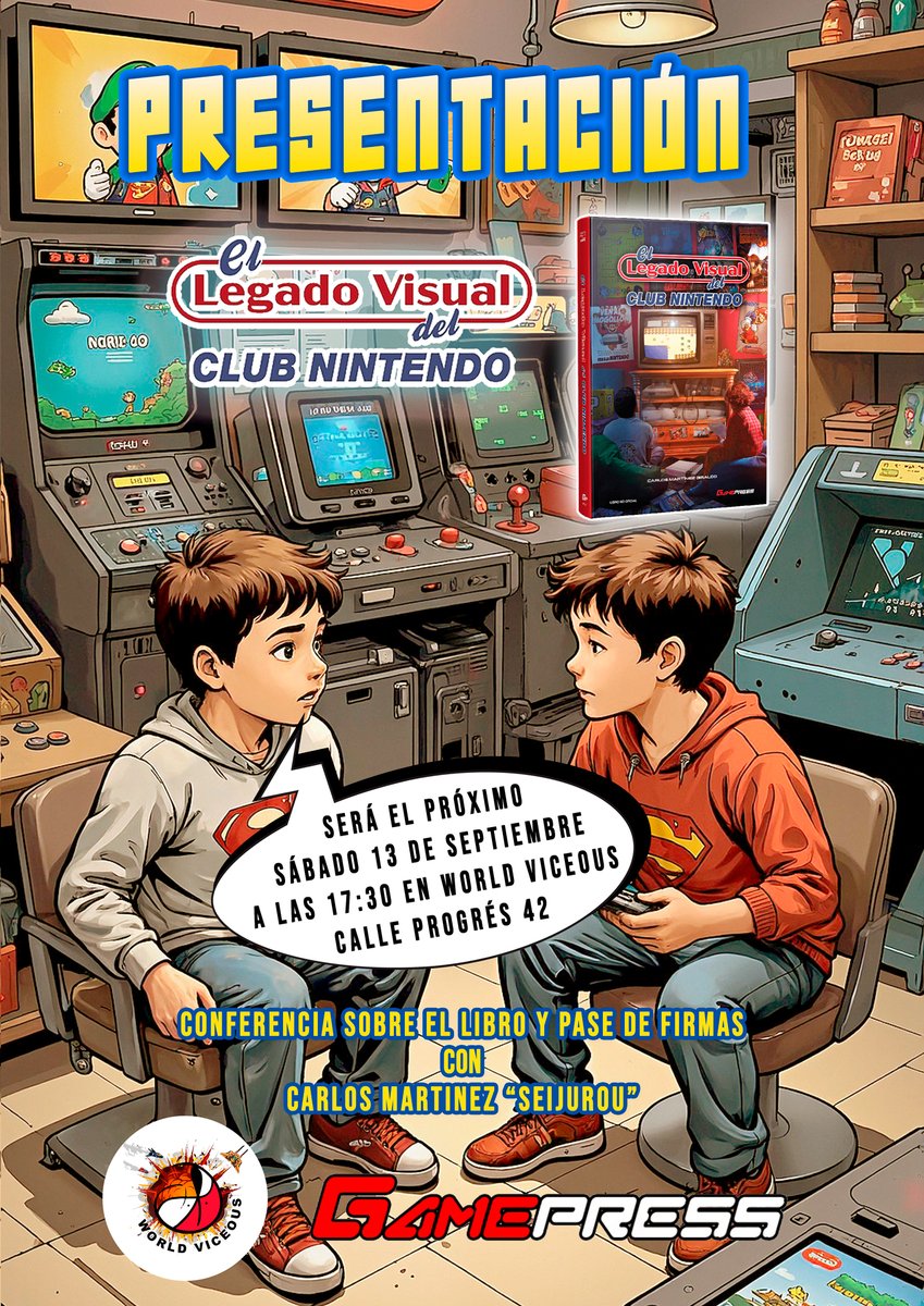 ¡Nos llega este cartel de World Viceous (Barcelona)!
Este sábado 13 a las 17:30h Carlos Martínez "Seijurou" presenta "El Legado Visual del Club Nintendo", donde no faltarán anécdotas de la época y nostalgia a raudales.
📕¡Compra allí tu libro y llevártelo firmado por su autor!