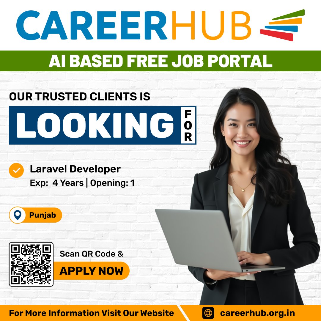 careerhub_iespl's tweet image. Hiring: Laravel Developer
Location: Punjab | 4 Yrs Exp | 1 Opening
Laravel, PHP, REST APIs & MySQL, scalable web apps
Apply: careerhub.org.in/job/laravel-de…
Follow: @careerhub_iespl
#LaravelDeveloper #PHPDeveloper #WebDevelopment #PunjabJobs #CareerHub #careerhubaibasedfreejobportal