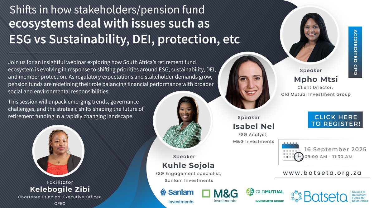 Join us for an in-depth session about shifts in how stakeholders/ pension fund ecosystems deal with issues such as ESG vs Sustainability, DEI, protection, etc. 
M&amp;G Investments | Old Mutual Investment Group | Sanlam Investments
Register: us02web.zoom.us/webinar/regist…