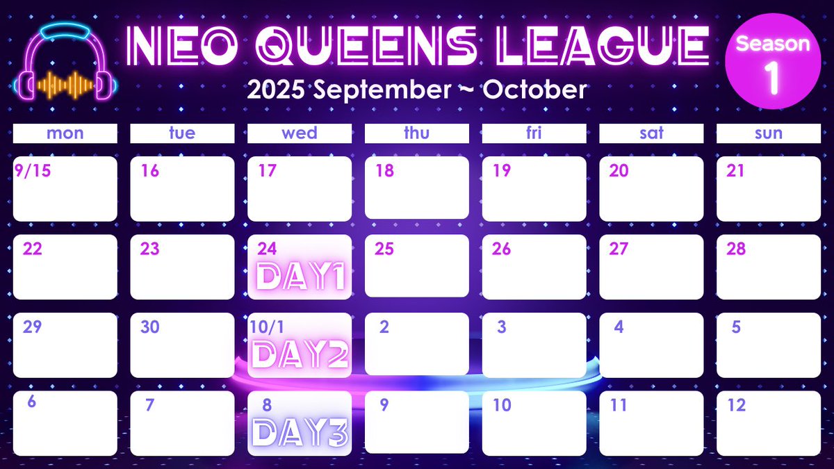 NQQ_scrim's tweet photo. season1 申請
13日0時〜
(金曜から土曜になるタイミングです)
day1 9/24
day2 10/1
day3 10/8
day4 10/15
#NQL https://t.co/D5CS4wqAik