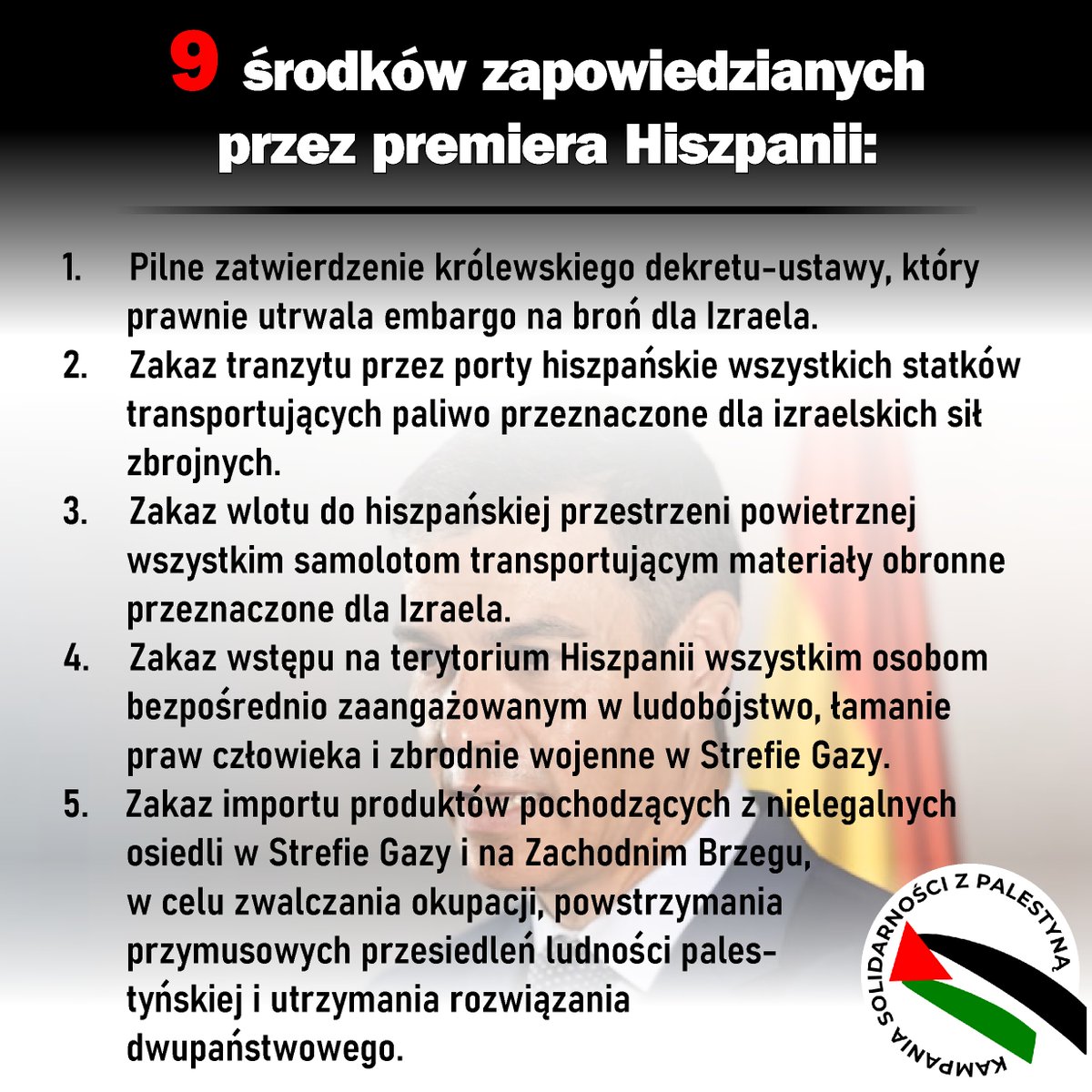 KampPalestyna's tweet photo. Hiszpania wprowadza embargo na broń izraelską i wprowadza zakaz handlu z nielegalnymi osiedlami izraelskimi!
To już trzecie państwo po Słowenii i Belgii, które podejmuje indywidualne sankcje na Izrael, nie oglądając się na Unię Europejską! https://t.co/PaSHzcpv9v