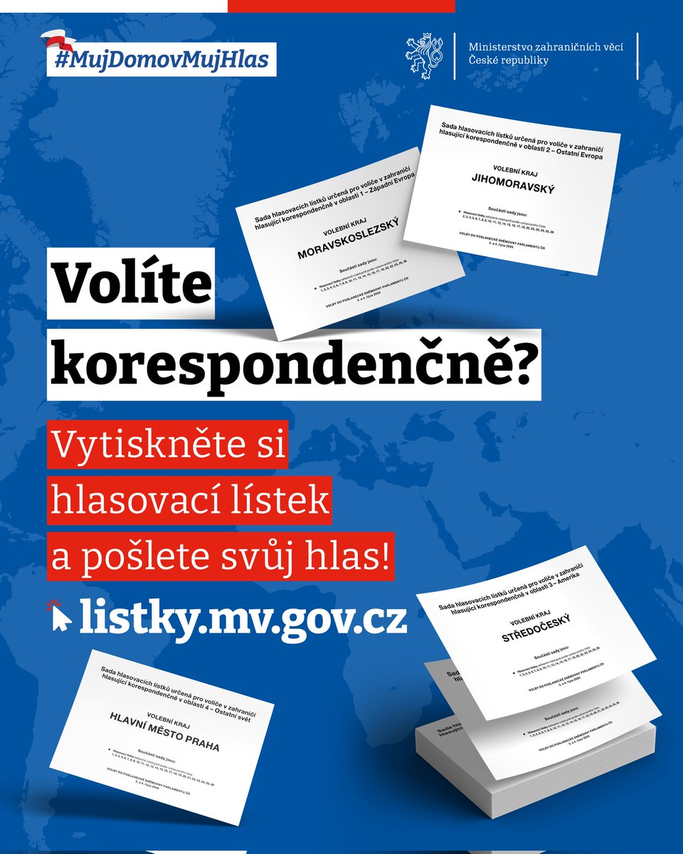 Hlasovací sady už najdete na stránkách MV. Řiďte se tím,
u kterého ZÚ nebo GK jste zapsáni. Podle něj vybírejte správnou sadu pro tisk. Doporučujeme, abyste použili bilý papír a tiskli na formát A4 nebo
podobný. HIasovací lístek je třeba VYTISKNOUT JEDNOSTRANNĚ. #mujdomovmujhlas
