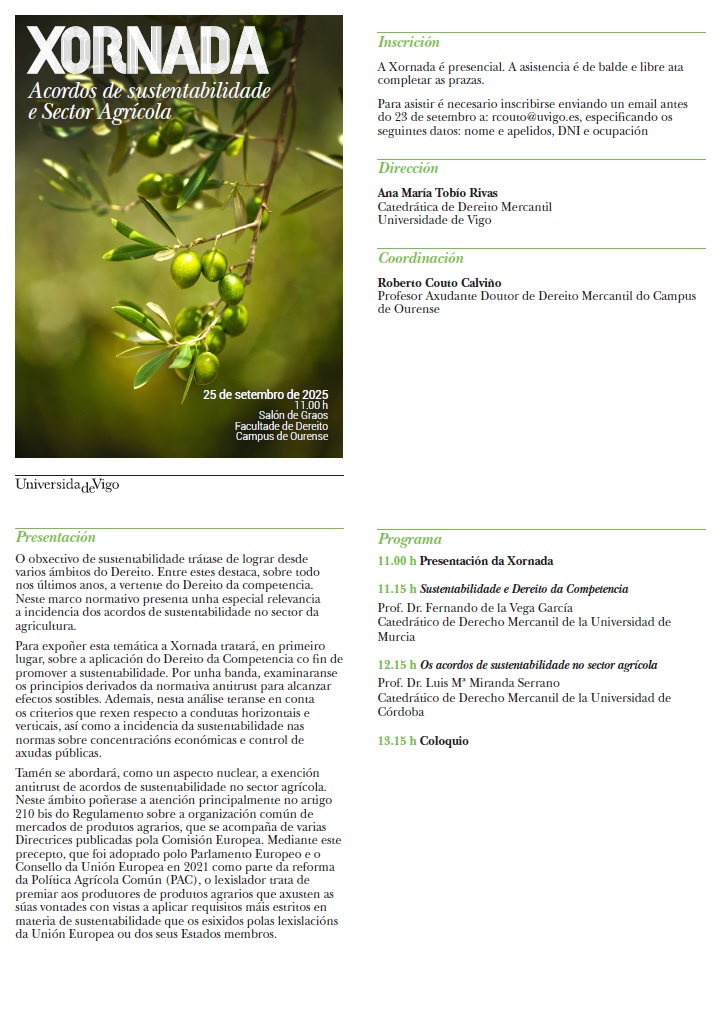 FacDereitoOurense (@dereitoourense) on Twitter photo 📅 25/09 – Xornada sobre acordos de sustentabilidade e sector agrícola no Salón de Graos da Facultade de Dereito 🌱 Inscrición ata o 23/09 en rcouto@uvigo.es
#DereitoUVigo #Sustentabilidade #CampusOurense ⚖️📚🌾 📅 25/09 – Xornada sobre acordos de sustentabilidade e sector agrícola no Salón de Graos da Facultade de Dereito 🌱 Inscrición ata o 23/09 en rcouto@uvigo.es
#DereitoUVigo #Sustentabilidade #CampusOurense ⚖️📚🌾