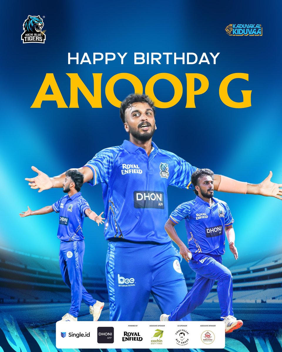 Kochibluetigers's tweet photo. ππ A true Tiger on and off the field, today we celebrate YOU! π―π₯
Wishing our star Anoop G a very Happy Birthday filled with success, happiness, and victories ahead! πβ¨
#KochiBlueTigers #BlueTigers #RoarWithPride #HappyBirthday #KCL2025 https://t.co/2THvhOVWuR