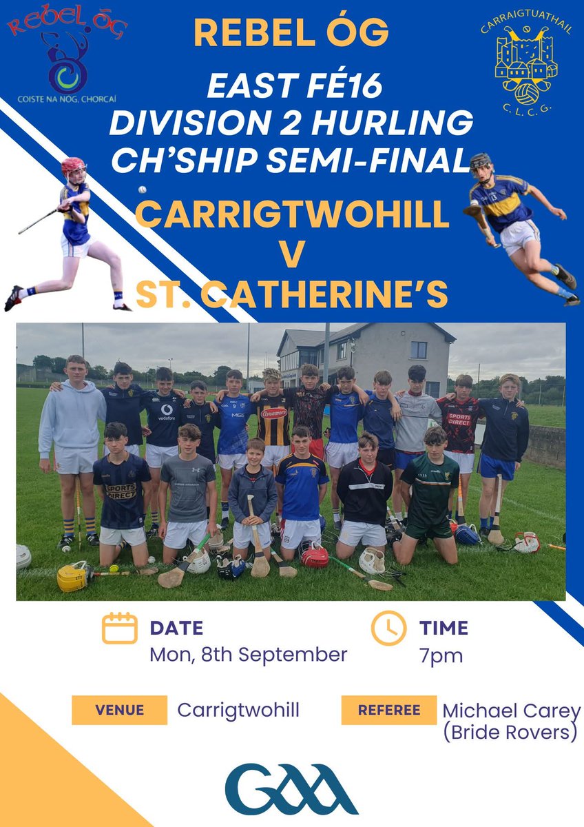 The Fé16 hurlers will contest the penultimate round of the championship against St. Catherine’s this evening at West End.

We wish the panel &amp; management team of Tomás Hogan (manager), Tom Creagh, Pádraic Hogan, Seán Brennan, Mark O'Connor &amp; Patrick Walsh the very best of luck.