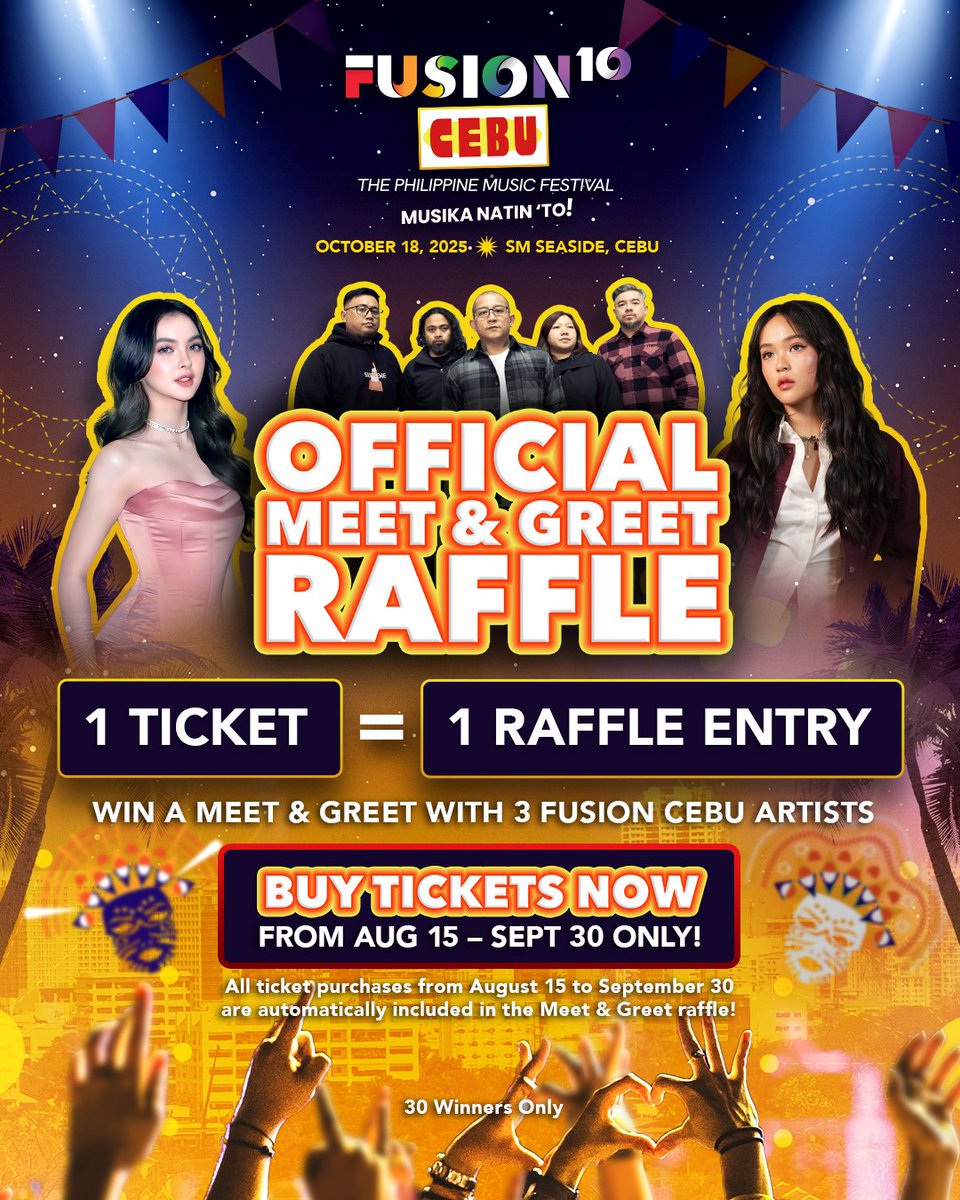 FusionPHFest's tweet photo. MEET &amp; GREET ALERT!

Your ticket to Fusion Cebu 2025 isn’t just for the concert—it could be your chance to meet your fave artists! 🙌

1 Ticket = 1 Raffle Entry

The more you buy, the more chances you get. Don’t miss this once-in-a-lifetime moment! 💯

#FusionCEBU2025 https://t.co/t6zl7HVYka