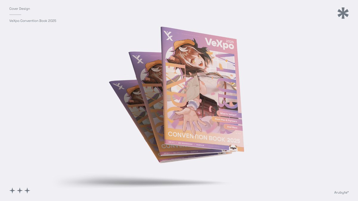 32aru's tweet photo. Convention book cover/poster design for VeXpo 2025, designed in collaboration with @AcapellaEN⭐️
Thanks @Vtuber_Expo for the opportunity!
#VTuberExpo #VeXpo2025 https://t.co/GQXktjxSmD