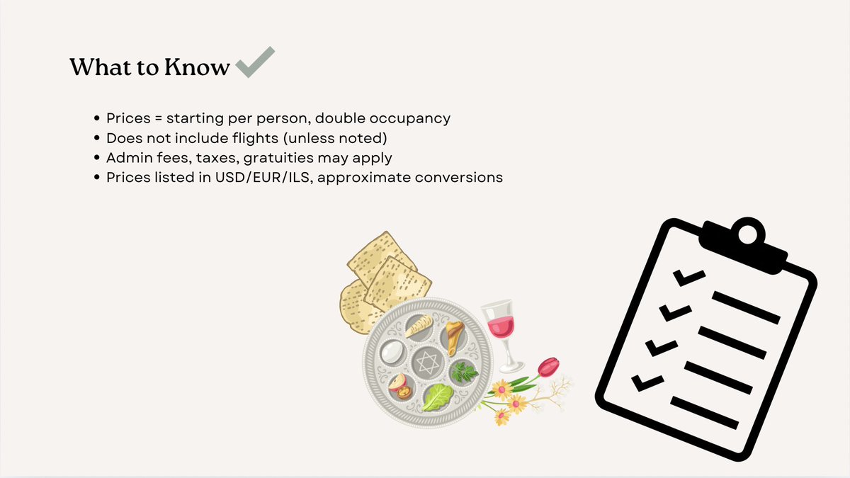 tjewishtravel's tweet photo. 💰 Passover 2026 program prices revealed!

– Under $4K: Tel Aviv, Spain, Greece
– $4K–$7K: Jerusalem, Costa Rica, Palm Springs
– $7K+: Sicily, Florida, Bahamas, San Diego, Vail
📲Full list: https://t.co/uDMGo4jBGc

#passoverprogram #totallyjewishtravel https://t.co/4FYgcXsqm5