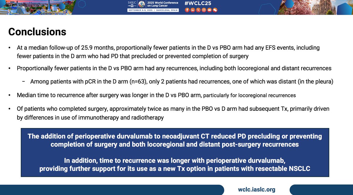 AEGEAN patterns of progression.  Adding Perioperative durva to neoadj CT reduced PD precluding/preventing completion of surgery and  locoregional and distant post-surgery recurrences. Time to  recurrence was longer with perioperative durva.<a href="/Hospital_FJD/">Fundación Jiménez Díaz</a> <a href="/OncoAlert/">OncoAlert</a> #WCLC25 #LCSM