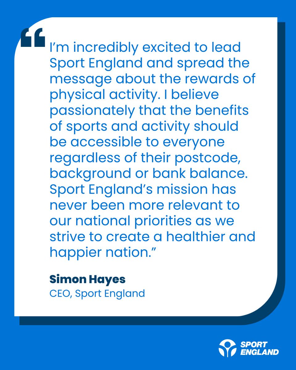 We warmly welcome Simon Hayes as he starts as Sport England chief executive today.

Coming from his previous role as chief executive of HM Land Registry and chief land registrar, he takes over from Tim Hollingsworth, who left Sport England in July.

Read more: