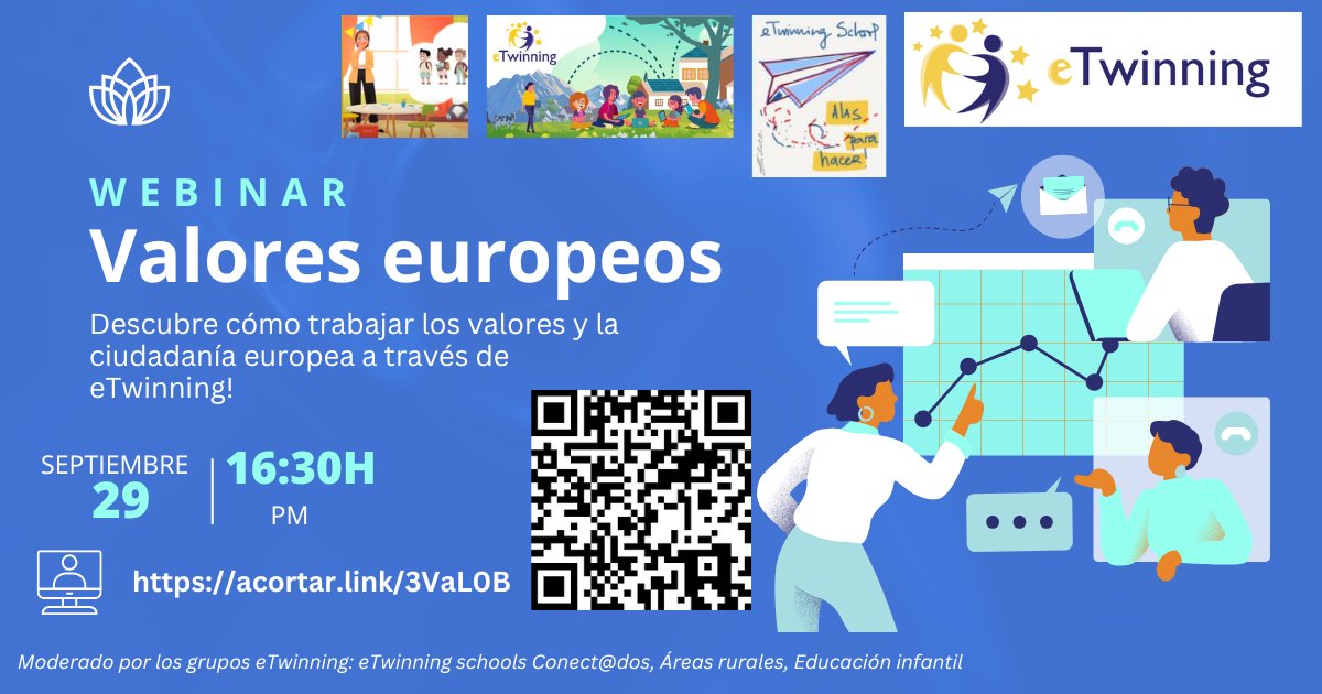 🎓 ¡Apúntate al webinar: #eTwinning y los Valores Europeos!
📅 29 de septiembre
🕠 16:30h

👥 Moderado por los grupos eTwinning: Conect@dos, Áreas rurales y Educación infantil

🔗 acortar.link/3VaL0B