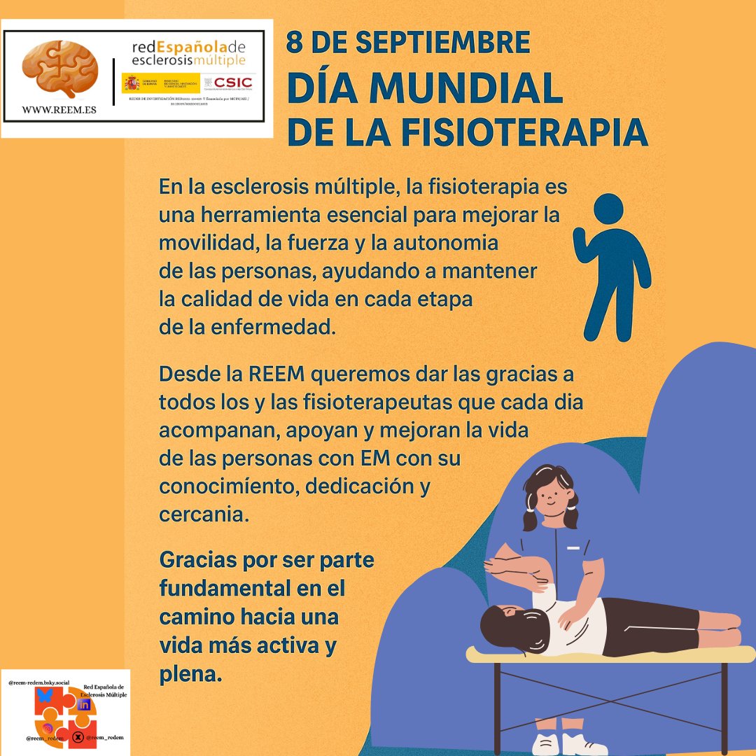 8 de septiembre. #DíaMundialdelaFisioterapia.
En la #EM, la fisioterapia es una herramienta esencial ayudando a mantener la calidad de vida 
La #REEM quiere dar las gracias a todos los/as fisioterapeutas que cada día acompañan, apoyan y mejoran la vida de las personas con EM .