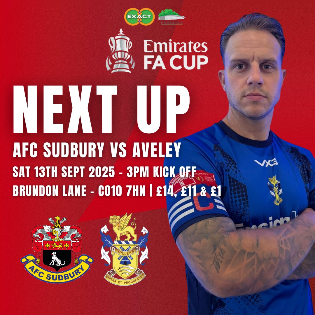 AveleyFC's tweet photo. 🏆 𝗡𝗲𝘅𝘁 𝗨𝗽: 𝗔𝗙𝗖 𝗦𝘂𝗱𝗯𝘂𝗿𝘆 (𝗔)

Back in @EmiratesFACup action when we travel to Suffolk on Saturday.

🗓️ Sat 13th Sept
⏱️ 3PM Kick Off
🏟️ Brundon Lane - CO10 7HN
💷 £14, £11 &amp; £1

#MunyardsMillers | #TogetherAveley https://t.co/O4hKyPddwb