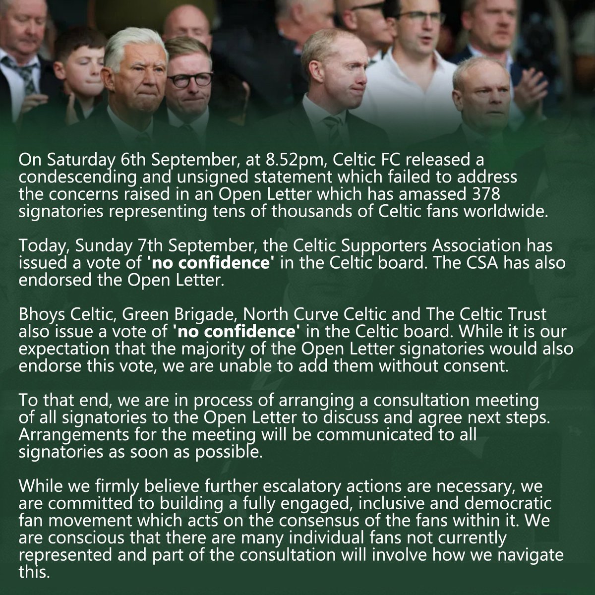 Nicholson, Lawwell, McKay, Desmond, your time is up

Celtic supporters association, supporters affiliation, Irish association,Celtic Trust, North Curve,Green Brigade,The Bhoys, hundreds of CSCs &amp; fan media all showing a vote of no confidence on Celtic board. Change is coming 🍀