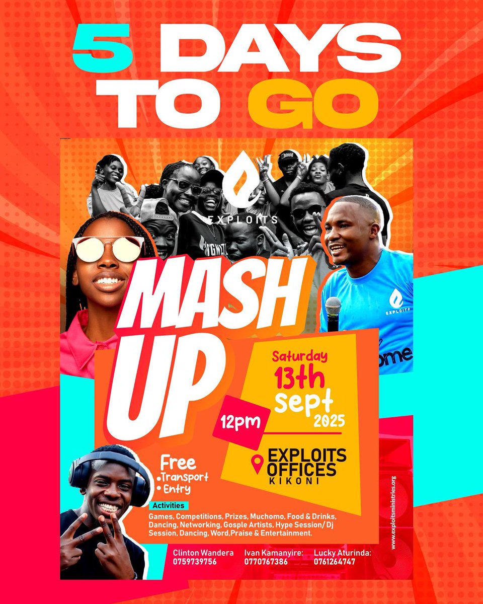 exploitsug's tweet image. 🔥5 DAYS TO GO!🔥
CAMPUSERS, IT IS YOUR TIME!
Don’t miss the #ExploitsMashup happening this Saturday at the Exploits offices in Kikoni starting at 12PM!
Come experience an edifying time of fellowship & fun, prayer and praise with your fellow university students!