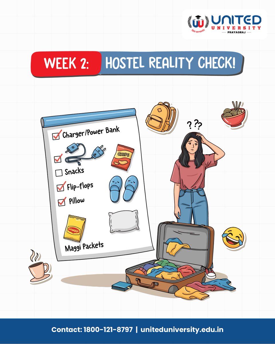 UnitedUnivers's tweet image. From campus maze 🌀 to hostel craze 🏠😂
Starter pack: Power bank ✔ Snacks ✔ Flip-flops ✔ Maggi ✔ … still forgetting something? 🤯

Drop your funniest #HostelHack ⬇ Best ones get featured in our Stories! 🔥

#MojoMidWeek #StudentLife #UnitedUniversity