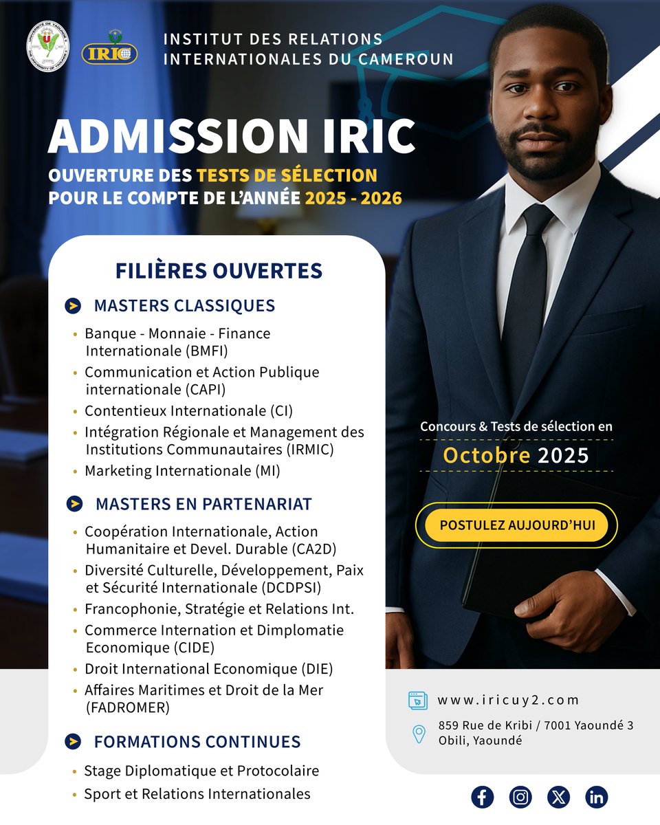 🌍✨ L’IRIC lance la session des 𝐜𝐨𝐧𝐜𝐨𝐮𝐫𝐬 &amp; 𝐭𝐞𝐬𝐭𝐬 𝟐𝟎𝟐𝟓 – 𝟐𝟎𝟐𝟔 !
🎓 Masters &amp; Formations en Relations Internationales
📅 Sélections en 𝐎𝐜𝐭𝐨𝐛𝐫𝐞 𝟐𝟎𝟐𝟓
👉 Communiqués officiels : iricuy2.com/decisions-port…
#IRIC #Concours #Diplomatie