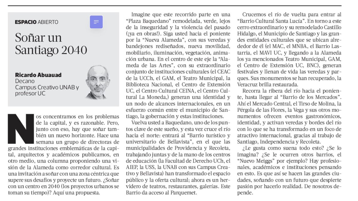 rabuauad's tweet photo. Comparto esta columna de hoy en La Tercera: una invitación a soñar un Santiago centro en 15 años más, superando sus problemas y poniendo en valor sus muchos atributos. https://t.co/U1vc2H6xEa