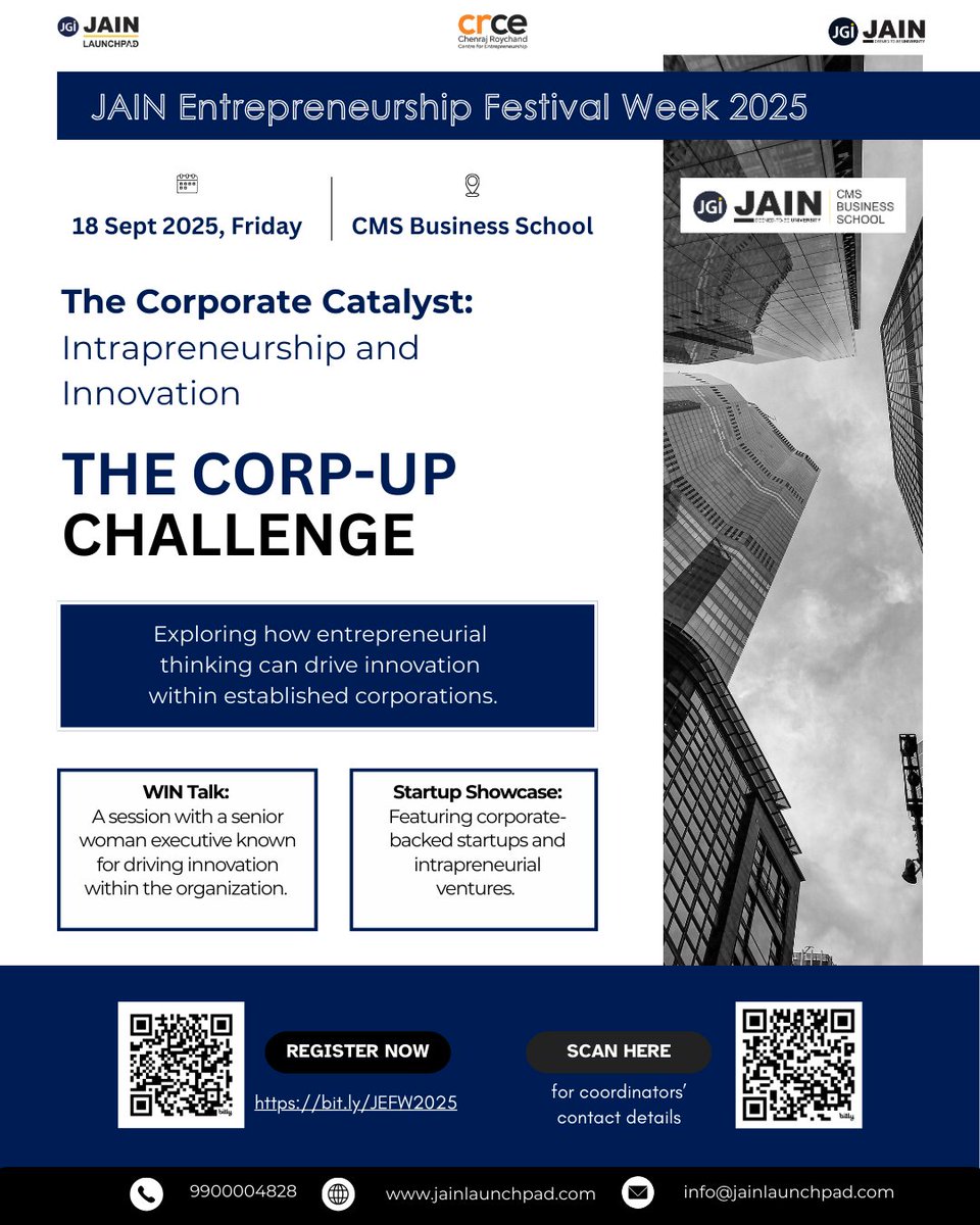 JainLaunchpad's tweet image. Sep 18 | CMS Business School

CORP-UP CHALLENGE
Theme: The Corporate Catalyst: Intrapreneurship &amp;amp; Innovation

👉 Register now: bit.ly/JEFW2025
#jainlaunchpad #jainuniversity