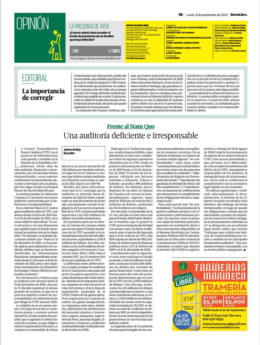 Punta Catalina  (<a href="/egepcrd/">Empresa de Generación Eléctrica Punta Catalina</a>) es la principal fuente de electricidad del país. Produce USD 250 MM de beneficios anuales y le ahorra USD 300 MM anuales a las EDE. En cinco años ha recuperado el costo de construcción que ascendió a USD 2,454 MM. diariolibre.com/opinion/frente…