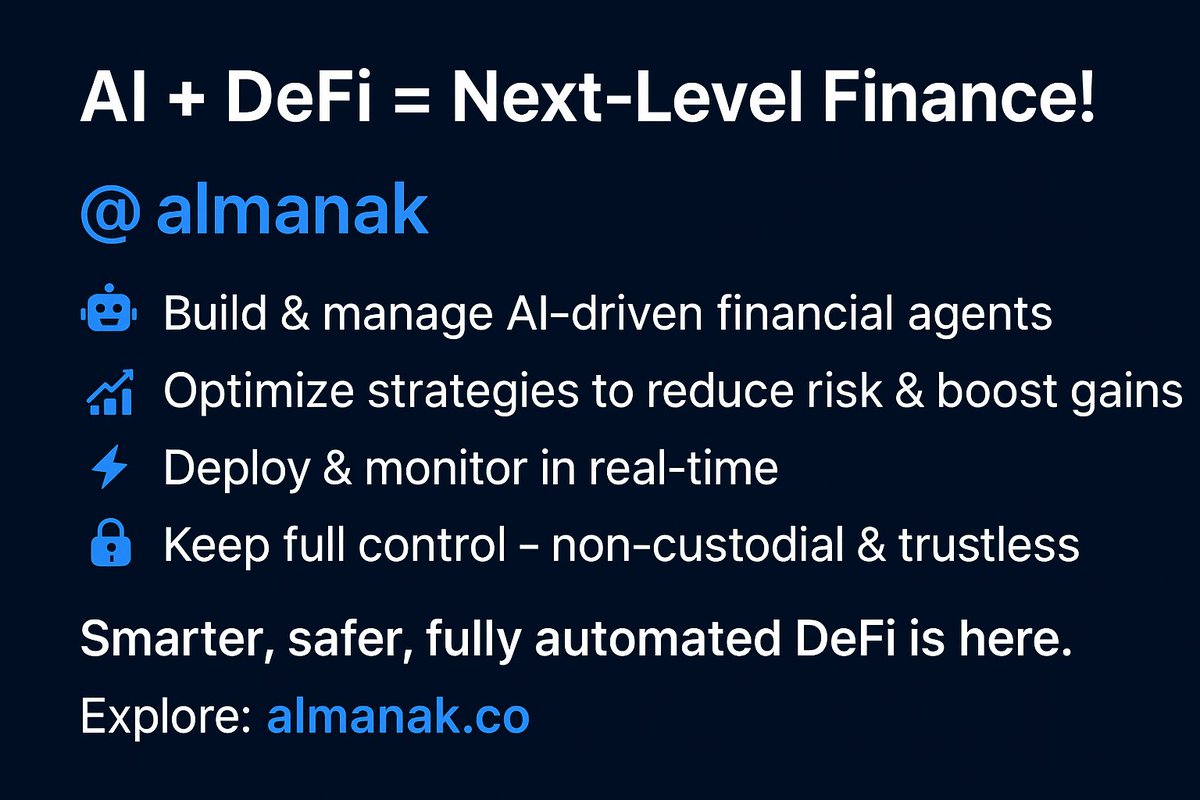 Zilblu Rahman 'Reddio' (@zillu112) on Twitter photo <a href="/Almanak__/">Almanak</a>
🚀 AI + DeFi = Next-Level Finance!
<a href="/almanak/">Banda Almanak</a> lets you:
🤖 Build & manage AI-driven financial agents
📊 Optimize strategies to reduce risk & boost gains
⚡ Deploy & monitor in real-time
🔐 Keep full control – non-custodial & trustless
<a href="/ala/">Mohammed Abdullah</a> <a href="/Almanak__/">Almanak</a>
🚀 AI + DeFi = Next-Level Finance!
<a href="/almanak/">Banda Almanak</a> lets you:
🤖 Build & manage AI-driven financial agents
📊 Optimize strategies to reduce risk & boost gains
⚡ Deploy & monitor in real-time
🔐 Keep full control – non-custodial & trustless
<a href="/ala/">Mohammed Abdullah</a>