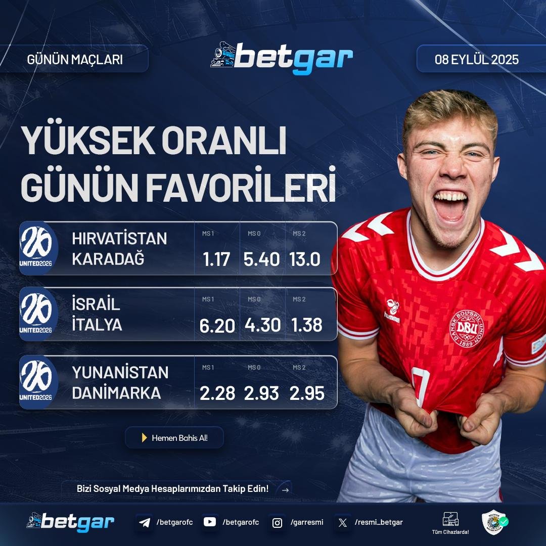 GÜNÜN ÖNE ÇIKAN MAÇLARI

Hırvatistan 🆚 Karadağ 
İsrail 🆚 İtalya
Yunanistan 🆚 Danimarka 

💰 Yüksek Oran Yüksek Bahis Limitleri!

🤩 Betgar Yüksek Kar!
