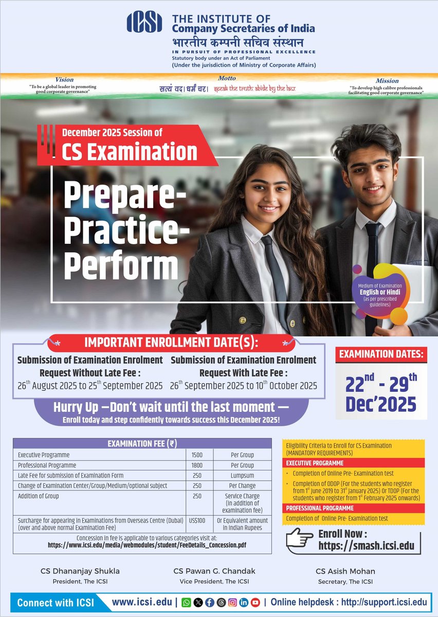 icsi_cs's tweet image. Last date for submission of #CS Examination Enrolment for December 2025 is 25.09.2025 (without late fee)