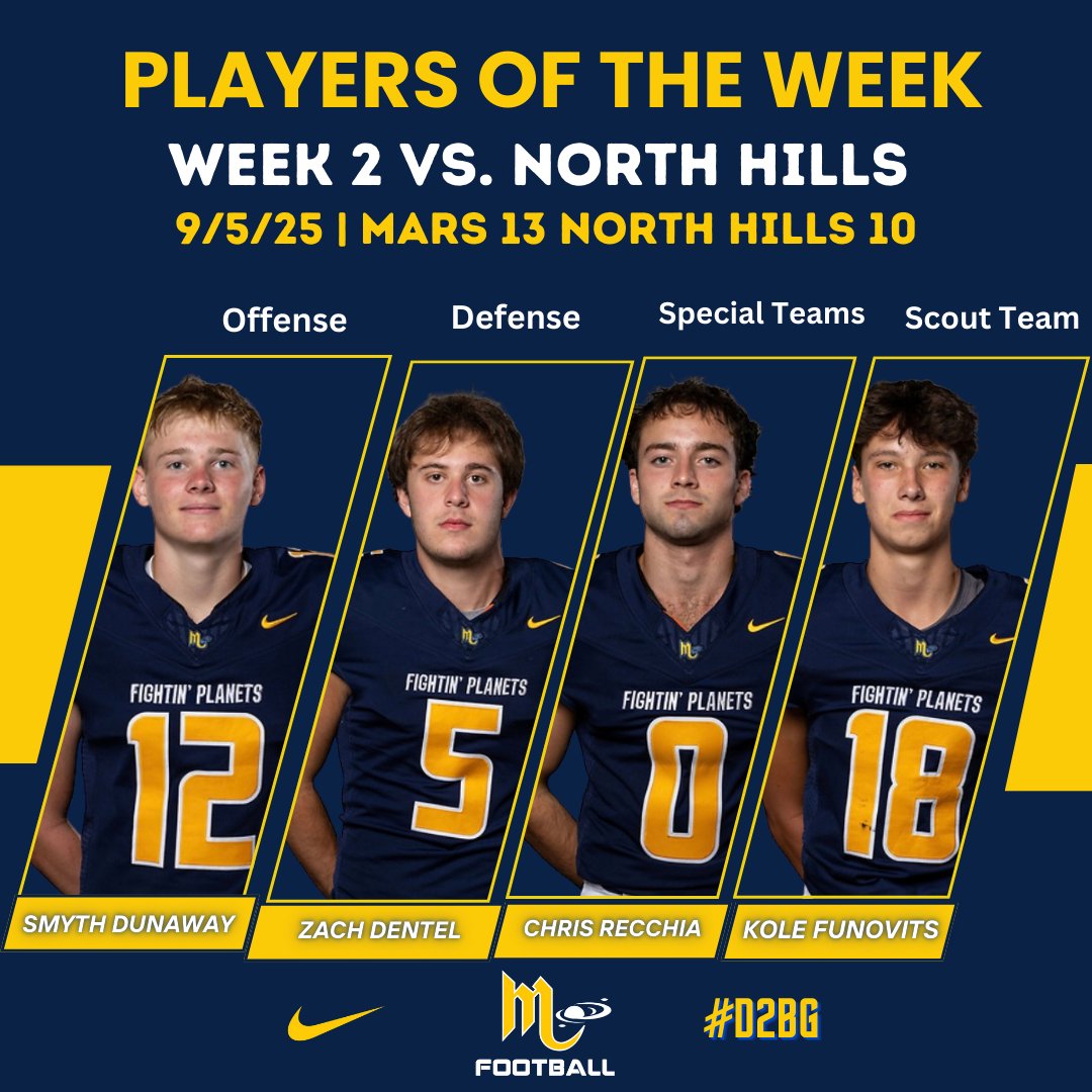 Congrats to our Players of the Week from our Week 2 win vs. North Hills:
<a href="/smyth_dunaway/">Smyth Dunaway</a> , <a href="/ZachDentel_11/">Zach Dentel</a> , Chris Recchia and Kole Funovits.

 👏👏👏👏
#D2BG 👽🏈💪