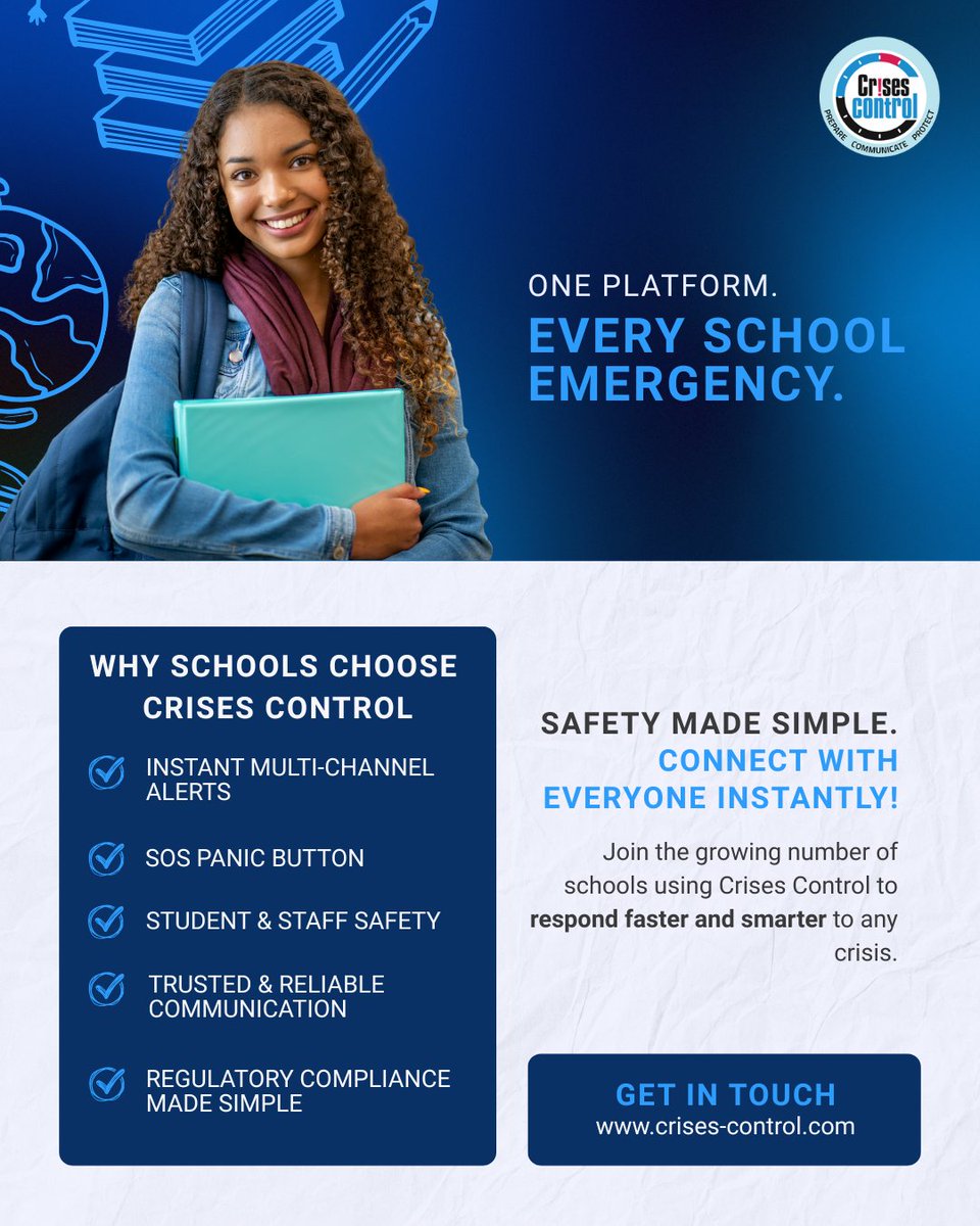 CrisesControl's tweet photo. Is everyone alerted instantly in a school emergency?
@CrisesControl sends multi-channel alerts, SOS help, and keeps staff & students safe, all on one platform.
Learn more: https://t.co/owjxjlx9Yf
#SchoolSafety #EdTech #CrisisManagement #InstantCommunication https://t.co/4AkNsadQMs