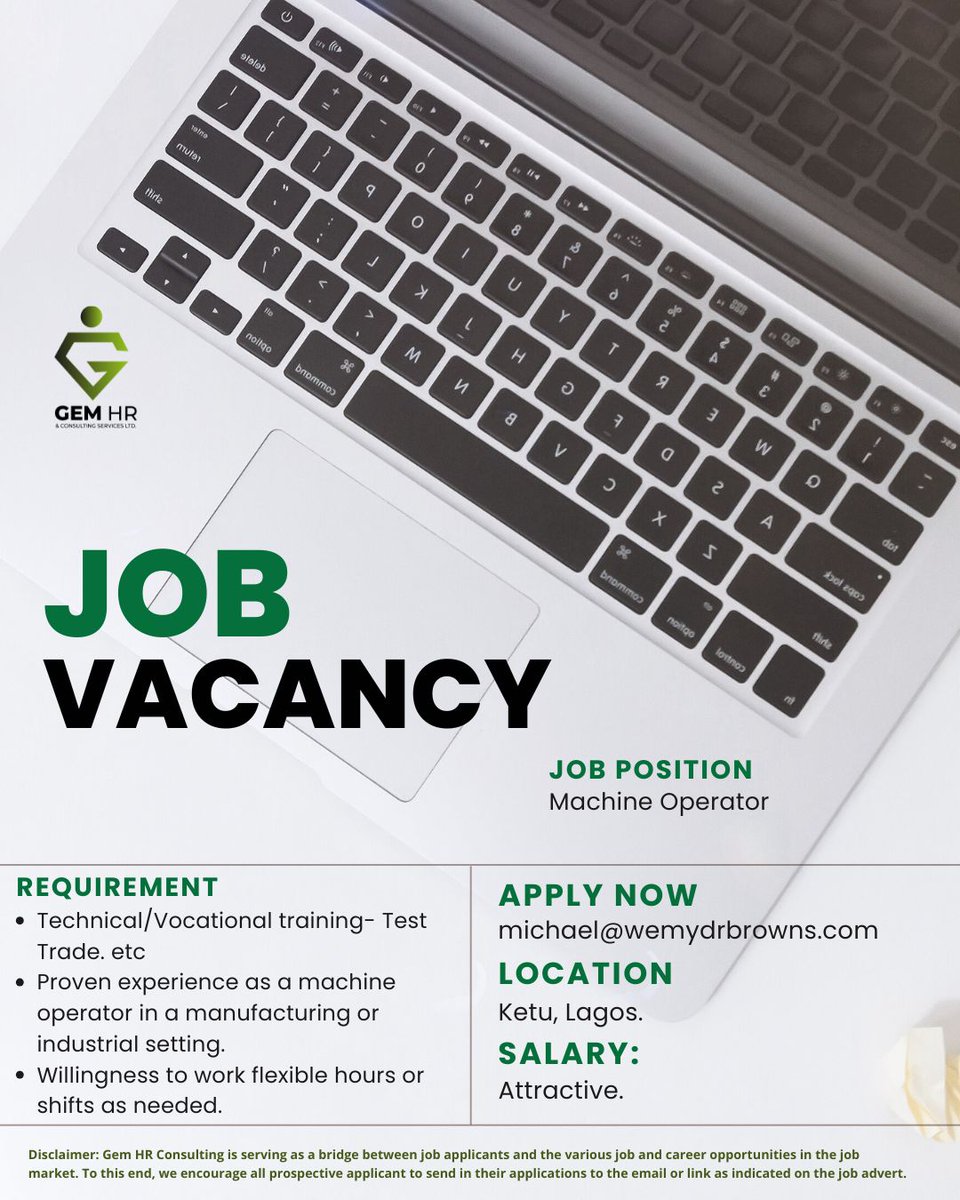 gem_hr's tweet image. 🔥Urgent Hiring: Machine Operator!🌟Lead and impact the Manufacturing Industry! Location: Ketu, Lagos.💌APPLY: michael@wemydrbrowns.com⏳Act fast—this opportunity won&apos;t last! 👥 Know someone ideal? Tag them! #machineoperator #machineoperation #machineoperative #machineoperators